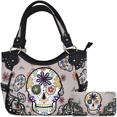 Punk Gothic Rock Metal Skull Ölüler Günü Çiçek Şeker Kafatası Deri Çanta Kadınlar El Çantası Omuz Çantası Cüzdan Set