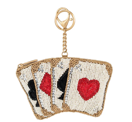 Let's Play Coin Purse Soft pink beaded coin bag with glittering gold crown zipper closure easy open trigger hook key ring and credit card fitting compact design