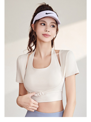 Yeni Hızlı Kurutma Şeftali Halter Top Yoga Kısa Yumruk Kısa Yumruk Göğüs Yumruklu Sıkı Fitness Tişört Spor Kısa Yumruk