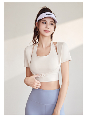 Yeni Hızlı Kurutma Şeftali Halter Top Yoga Kısa Yumruk Kısa Yumruk Göğüs Yumruklu Sıkı Fitness Tişört Spor Kısa Yumruk