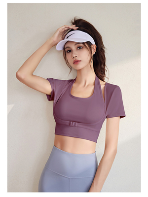 Yeni Hızlı Kurutma Şeftali Halter Top Yoga Kısa Yumruk Kısa Yumruk Göğüs Yumruklu Sıkı Fitness Tişört Spor Kısa Yumruk