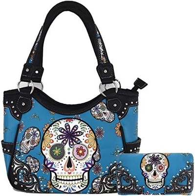 Punk Gothic Rock Metal Skull Ölüler Günü Çiçek Şeker Kafatası Deri Çanta Kadınlar El Çantası Omuz Çantası Cüzdan Set