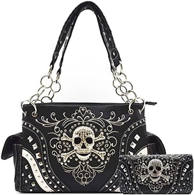 Punk Gothic Rock Metal Skull Ölüler Günü Çiçek Şeker Kafatası Deri Çanta Kadınlar El Çantası Omuz Çantası Cüzdan Set