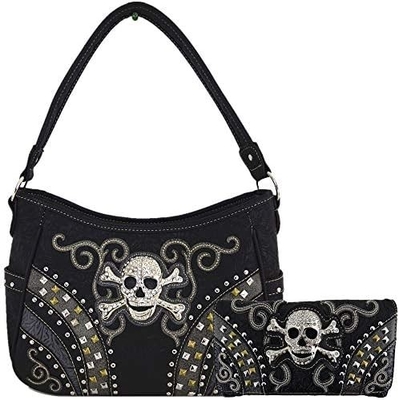 Punk Gothic Rock Metal Skull Ölüler Günü Çiçek Şeker Kafatası Deri Çanta Kadınlar El Çantası Omuz Çantası Cüzdan Set