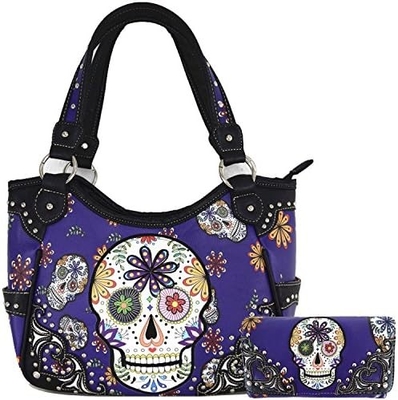 Punk Gothic Rock Metal Skull Ölüler Günü Çiçek Şeker Kafatası Deri Çanta Kadınlar El Çantası Omuz Çantası Cüzdan Set