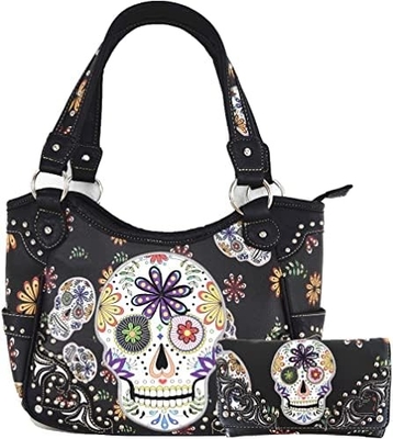 Punk Gothic Rock Metal Skull Ölüler Günü Çiçek Şeker Kafatası Deri Çanta Kadınlar El Çantası Omuz Çantası Cüzdan Set