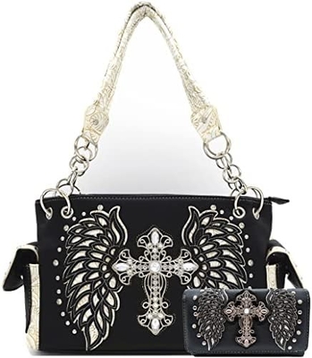 Batı tarzı RINESTONE CROSS STUDED LASER CUT WINGS TOOLLED LEATHER PURSE KADINLARIN KOL ÇANTALARI ÜLKE KOL ÇANTALARI Cüzdan S