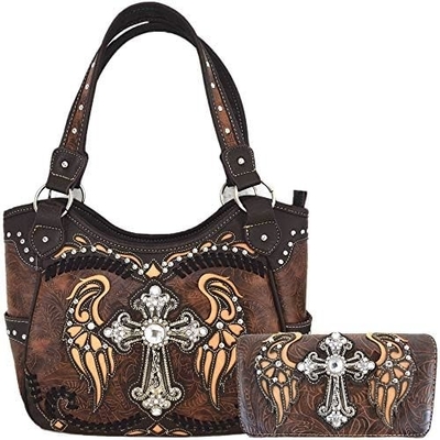 Batı tarzı RINESTONE CROSS STUDED LASER CUT WINGS TOOLLED LEATHER PURSE KADINLARIN KOL ÇANTALARI ÜLKE KOL ÇANTALARI Cüzdan S