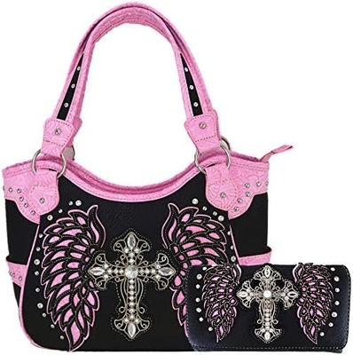 Batı tarzı RINESTONE CROSS STUDED LASER CUT WINGS TOOLLED LEATHER PURSE KADINLARIN KOL ÇANTALARI ÜLKE KOL ÇANTALARI Cüzdan S