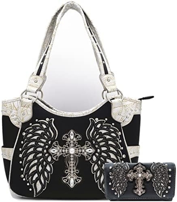 Batı tarzı RINESTONE CROSS STUDED LASER CUT WINGS TOOLLED LEATHER PURSE KADINLARIN KOL ÇANTALARI ÜLKE KOL ÇANTALARI Cüzdan S