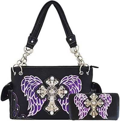 Batı tarzı RINESTONE CROSS STUDED LASER CUT WINGS TOOLLED LEATHER PURSE KADINLARIN KOL ÇANTALARI ÜLKE KOL ÇANTALARI Cüzdan S