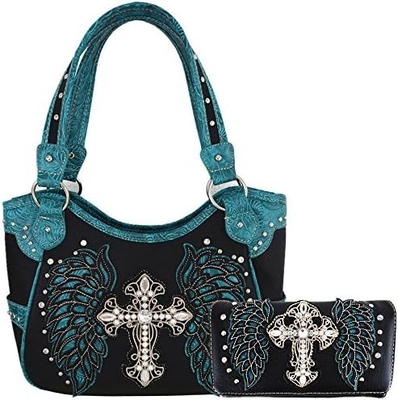 Batı tarzı RINESTONE CROSS STUDED LASER CUT WINGS TOOLLED LEATHER PURSE KADINLARIN KOL ÇANTALARI ÜLKE KOL ÇANTALARI Cüzdan S