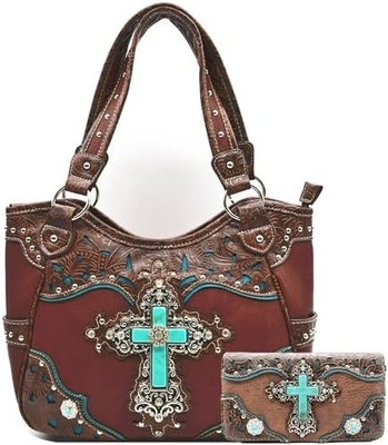 Batı tarzı RINESTONE CROSS STUDED LASER CUT WINGS TOOLLED LEATHER PURSE KADINLARIN KOL ÇANTALARI ÜLKE KOL ÇANTALARI Cüzdan S