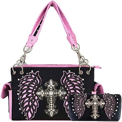 Batı tarzı RINESTONE CROSS STUDED LASER CUT WINGS TOOLLED LEATHER PURSE KADINLARIN KOL ÇANTALARI ÜLKE KOL ÇANTALARI Cüzdan S