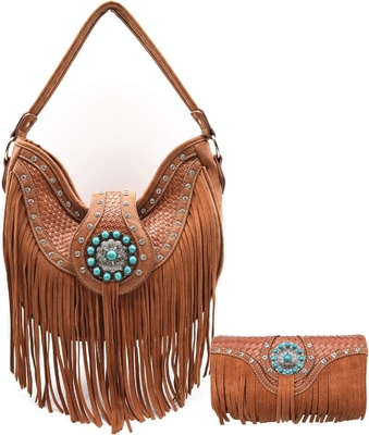 Batı Tarzı Fırça CONCHOS GEM RHINESTONE STUDED PRICELED LEATHER BURSE COUNTRY HANDBAG KADINLARIN KÖLE ÇANTASI Cüzdan SETİ