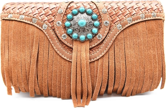 Batı Tarzı Fırça CONCHOS GEM RHINESTONE STUDED PRICELED LEATHER BURSE COUNTRY HANDBAG KADINLARIN KÖLE ÇANTASI Cüzdan SETİ