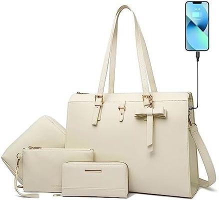 KEYLI 4PC SETLER KADINLAR için LAPTOP ÇANTASI USB şarj portu ile büyük deri LAPTOP BREEFCASE PC OLDER TOTE BAGS PU