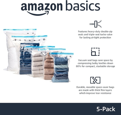 Amazon Basics Vakum Sıkıştırma fermuarlı depolama poşetleri el pompası ile, orta, 5 paket, beyaz, gök mavi