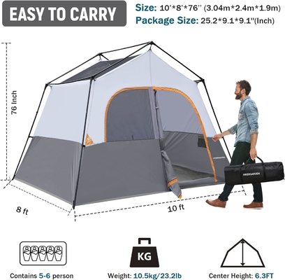 HIKERGARDEN 6 kişilik kamp çadırı - Kamp için taşınabilir kolay kurulmuş aile çadırı, rüzgar geçirmez kumaş kabin çadırı dışarıda