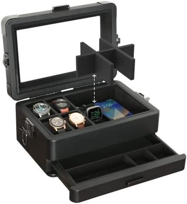 CASE ELEGANCE Askeri 10 Slot Saat Kutusu Erkekler için CASE Organizer, Gerçek Cam Üstü, Modüler Valet Tepsisi,