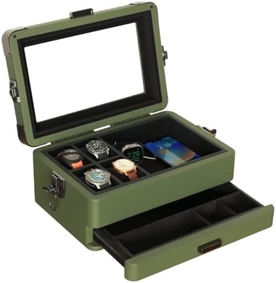 CASE ELEGANCE Askeri 10 Slot Saat Kutusu Erkekler için CASE Organizer, Gerçek Cam Üstü, Modüler Valet Tepsisi,