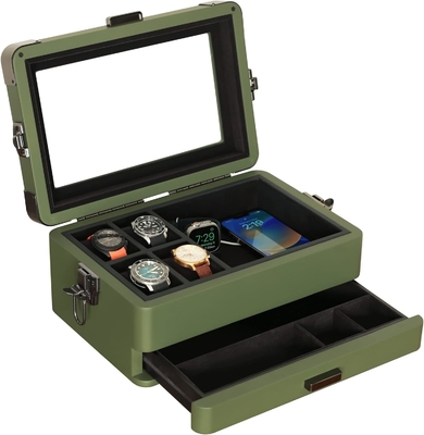 CASE ELEGANCE Askeri 10 Slot Saat Kutusu Erkekler için CASE Organizer, Gerçek Cam Üstü, Modüler Valet Tepsisi,