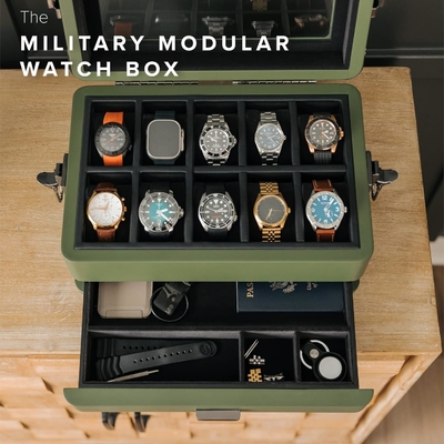 CASE ELEGANCE Askeri 10 Slot Saat Kutusu Erkekler için CASE Organizer, Gerçek Cam Üstü, Modüler Valet Tepsisi,