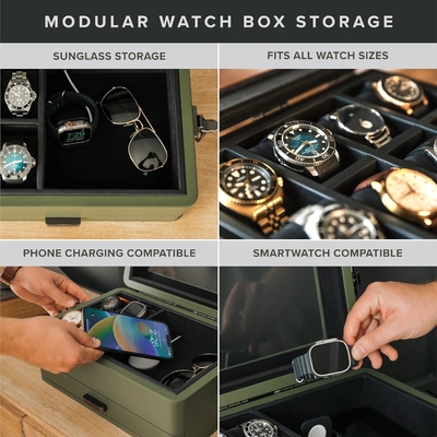 CASE ELEGANCE Askeri 10 Slot Saat Kutusu Erkekler için CASE Organizer, Gerçek Cam Üstü, Modüler Valet Tepsisi,