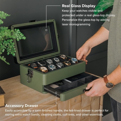 CASE ELEGANCE Askeri 10 Slot Saat Kutusu Erkekler için CASE Organizer, Gerçek Cam Üstü, Modüler Valet Tepsisi,