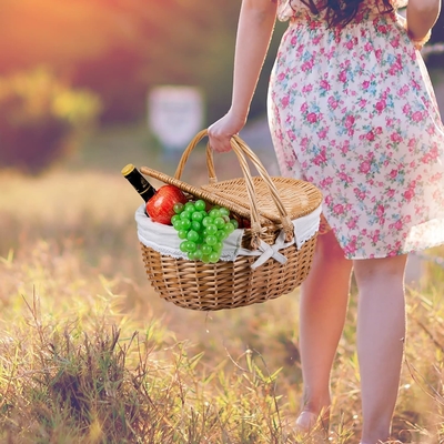 Yumruklu ve saplı bir piknik sepeti, Paskalya, Anneler Günü, Açık Hava Kampı için yıkanabilir astarlı sağlam dokuma vücudu.