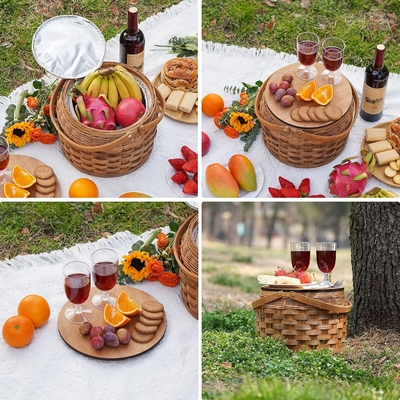 İzole soğutucu ile küçük piknik sepetleri, 2 kişilik piknik sepet sepetleri, 2 set dahil olmak üzere ahşap parçacık sarmaşık sepetleri