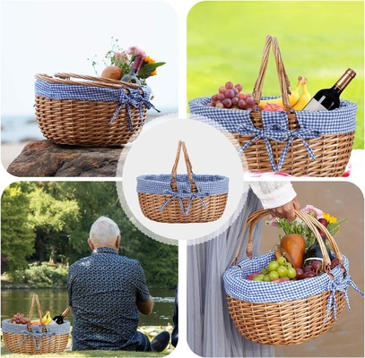 G GOOD GAIN Çift katlanabilir sapları olan çubuklı piknik sepeti, salkımlı piknik sepeti, doğal el dokuma Paskalya sepeti,