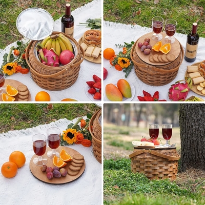 İzole edilmiş soğutucuyla küçük piknik sepetleri, 2 kişilik piknik sepetleri, ahşap çöp sepetleri,