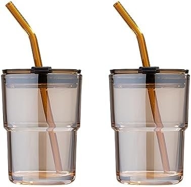 13oz/400ml Tumbler Su Bardakları, Samanlı ve Kapaklı Bardaklar Kahve, Buzlu Çay, Kalın Duvarlı İzole Edilmiş Camlar İçin Taşı