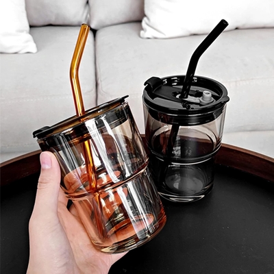 13oz/400ml Tumbler Su Bardakları, Samanlı ve Kapaklı Bardaklar Kahve, Buzlu Çay, Kalın Duvarlı İzole Edilmiş Camlar İçin Taşı