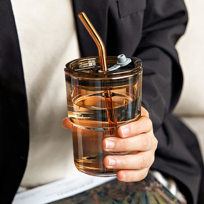 13oz/400ml Tumbler Su Bardakları, Samanlı ve Kapaklı Bardaklar Kahve, Buzlu Çay, Kalın Duvarlı İzole Edilmiş Camlar İçin Taşı