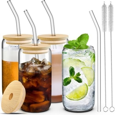 4 Set Kapaklı ve Sugunlu Cam Kupalar 16 oz, Bardak İçme Set, Bambu Kapaklı Buzlu Kahve Kupaları,
