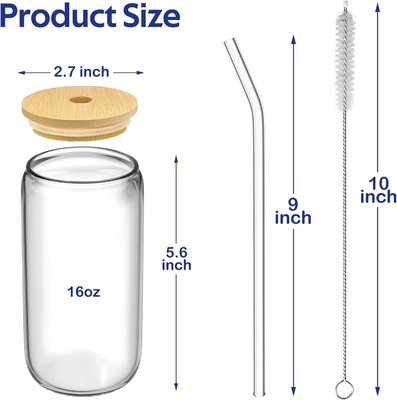 4 Set Kapaklı ve Sugunlu Cam Kupalar 16 oz, Bardak İçme Set, Bambu Kapaklı Buzlu Kahve Kupaları,