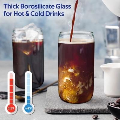 4 Set Kapaklı ve Sugunlu Cam Kupalar 16 oz, Bardak İçme Set, Bambu Kapaklı Buzlu Kahve Kupaları,