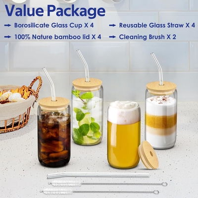 4 Set Kapaklı ve Sugunlu Cam Kupalar 16 oz, Bardak İçme Set, Bambu Kapaklı Buzlu Kahve Kupaları,