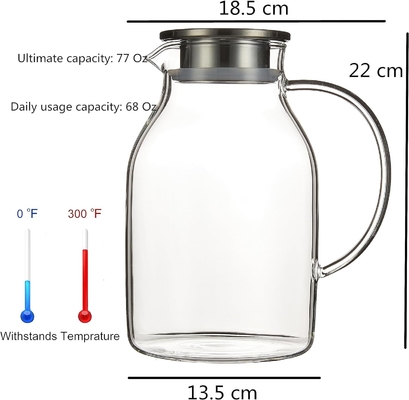 Karafu cam kavanozu kapaklı, 68oz sıcak/soğuk su, buzlu çay ve meyve suyu içeceği için ısıya dayanıklı su kavanozu