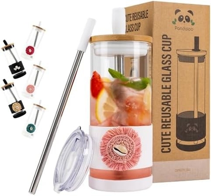 Kapaklı ve pipetli cam bardaklar -20 Fl Oz- Mükemmel Boyutlu Buzlu Kahve Bardağı - Bambulı Smoothie Bardağı