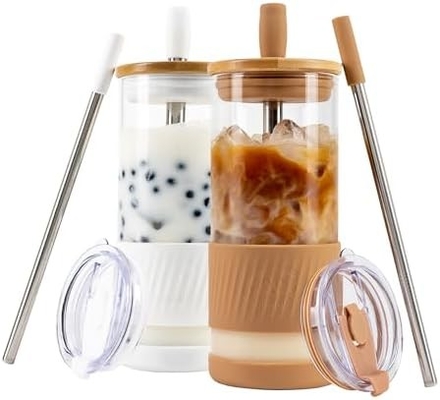 Kapaklı ve pipetli cam bardaklar -20 Fl Oz- Mükemmel Boyutlu Buzlu Kahve Bardağı - Bambulı Smoothie Bardağı