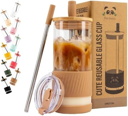 Kapaklı ve pipetli cam bardaklar -20 Fl Oz- Mükemmel Boyutlu Buzlu Kahve Bardağı - Bambulı Smoothie Bardağı