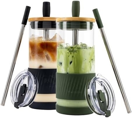 Kapaklı ve pipetli cam bardaklar -20 Fl Oz- Mükemmel Boyutlu Buzlu Kahve Bardağı - Bambulı Smoothie Bardağı