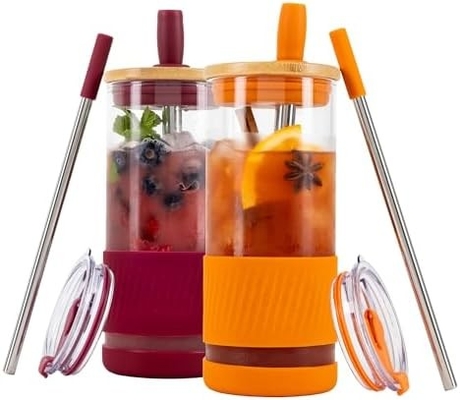 Kapaklı ve pipetli cam bardaklar -20 Fl Oz- Mükemmel Boyutlu Buzlu Kahve Bardağı - Bambulı Smoothie Bardağı