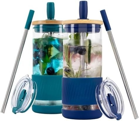 Kapaklı ve pipetli cam bardaklar -20 Fl Oz- Mükemmel Boyutlu Buzlu Kahve Bardağı - Bambulı Smoothie Bardağı