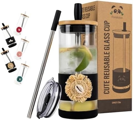 Kapaklı ve pipetli cam bardaklar -20 Fl Oz- Mükemmel Boyutlu Buzlu Kahve Bardağı - Bambulı Smoothie Bardağı