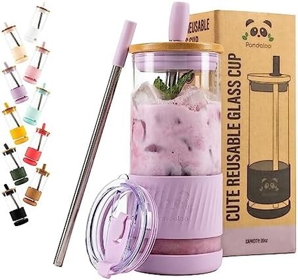 Kapaklı ve pipetli cam bardaklar -20 Fl Oz- Mükemmel Boyutlu Buzlu Kahve Bardağı - Bambulı Smoothie Bardağı