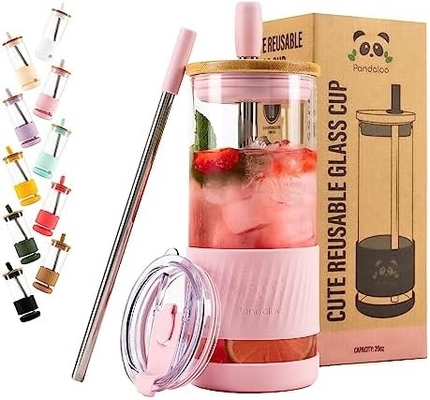 Kapaklı ve pipetli cam bardaklar -20 Fl Oz- Mükemmel Boyutlu Buzlu Kahve Bardağı - Bambulı Smoothie Bardağı